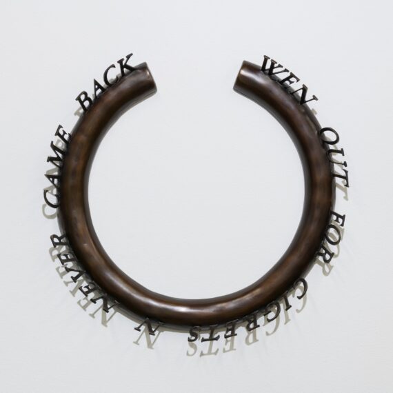 Edward Ruscha b. 1937, United States WEN OUT FOR CIGARETTES N NEVER CAME BACK, 2017 Cast bronze with hand-applied patina 19 (diameter) × 1 1⁄2 inches