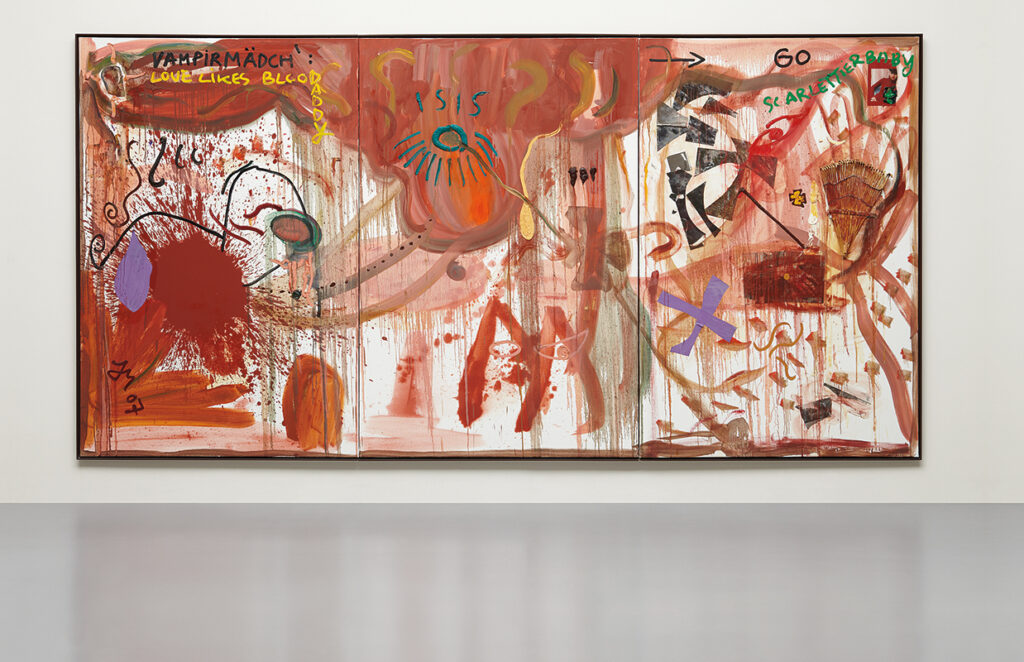 Jonathan Meese b. 1970, Japan Lichtsaurierin “Diktatur Dinoz der Kunstier Babies,” 2007 Oil and mixed media on linen, triptych 82 3⁄4 × 165 1⁄2 inches
