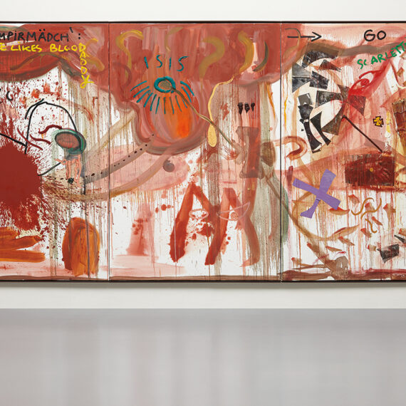 Jonathan Meese b. 1970, Japan Lichtsaurierin “Diktatur Dinoz der Kunstier Babies,” 2007 Oil and mixed media on linen, triptych 82 3⁄4 × 165 1⁄2 inches
