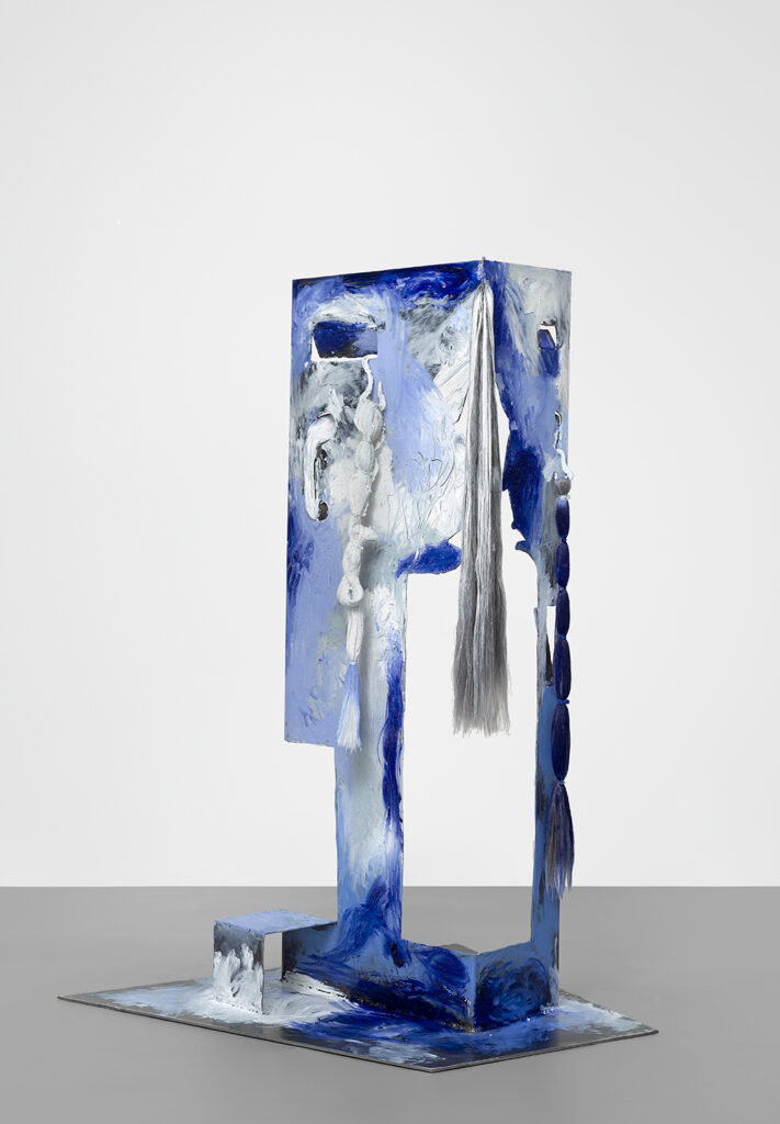 Donna Huanca b. 1980, United States Cliona Chilenis, 2019 Oil, sand, and synthetic hair on steel 79 1⁄8 × 51 1⁄2 × 39 3⁄8 inches