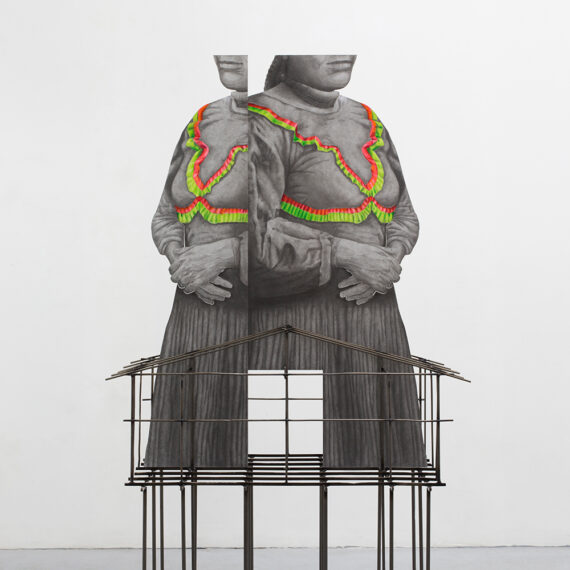 Daniel Otero Torres b. 1985, Colombia La arquitecta, 2019 Graphite and colored pencil on steel, on steel structure 62 1⁄4 × 39 1⁄4 × 20 1⁄2 inches