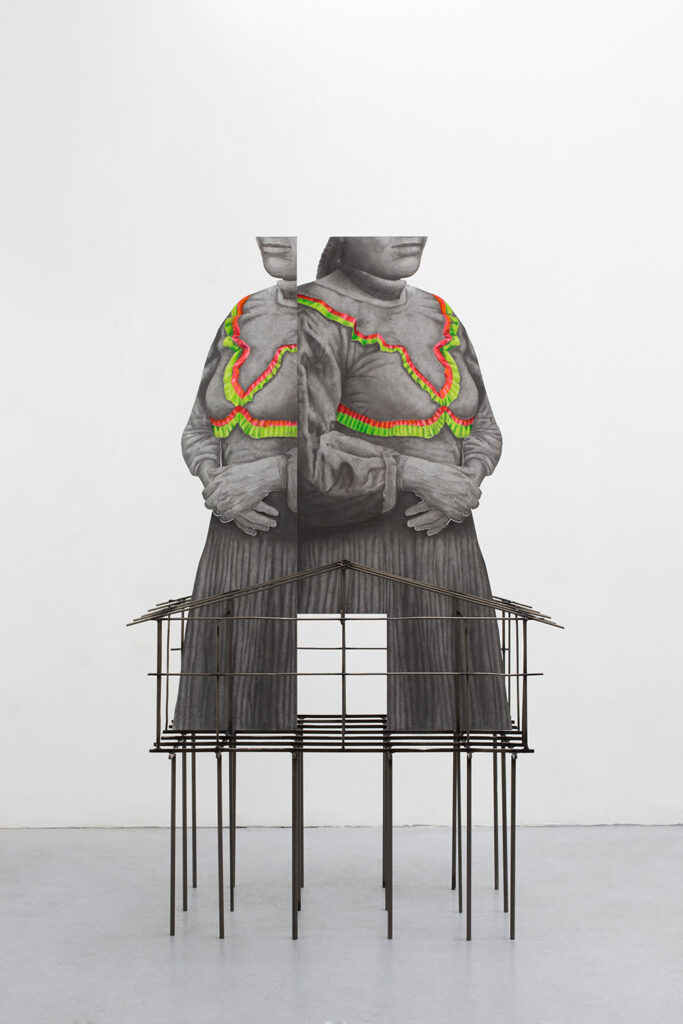 Daniel Otero Torres b. 1985, Colombia La arquitecta, 2019 Graphite and colored pencil on steel, on steel structure 62 1⁄4 × 39 1⁄4 × 20 1⁄2 inches