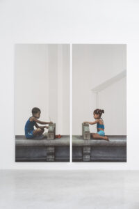 Michelangelo Pistoletto b. 1933, Italy Un bimbo e una bimba, 2015 Silk screen on super-mirror stainless steel, diptych 98 3⁄8 × 49 1⁄4 inches (each)
