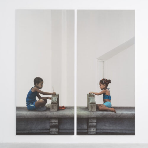 Un bimbo e una bimba, 2015 Silk screen on super-mirror stainless steel, diptych 98 3⁄8 × 49 1⁄4 inches (each)