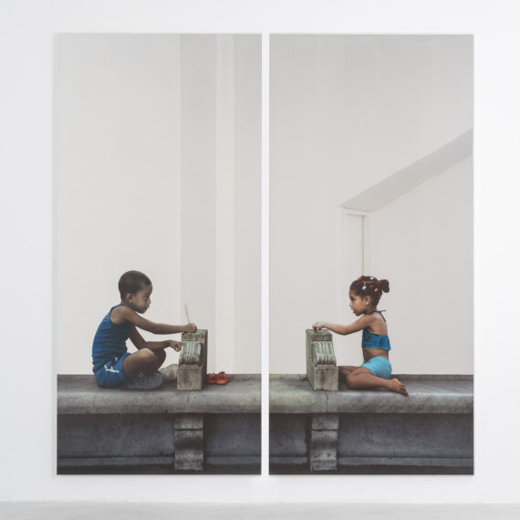 Un bimbo e una bimba, 2015 Silk screen on super-mirror stainless steel, diptych 98 3⁄8 × 49 1⁄4 inches (each)