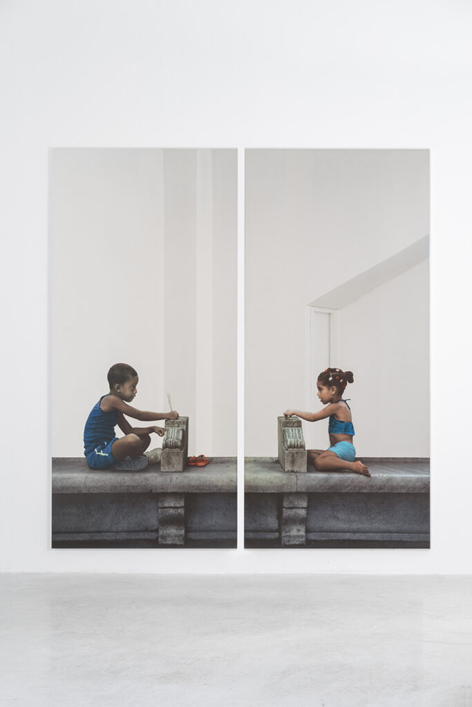 Michelangelo Pistoletto b. 1933, Italy Un bimbo e una bimba, 2015 Silk screen on super-mirror stainless steel, diptych 98 3⁄8 × 49 1⁄4 inches (each)