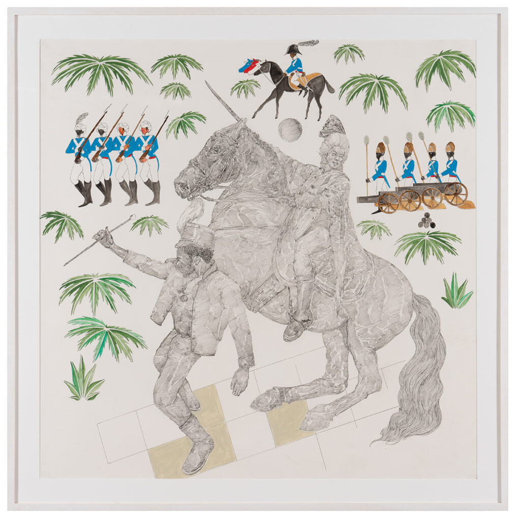 Frohawk Two Feathers (Umar Rashid) b. 1976, United States The Billie Jean Project. Conquest. The 1st general of the Leisure Society armed brigade preparing to siege Spanish holdings in Florida, 2018 Acrylic and ink on Arches paper 48 × 48 inches