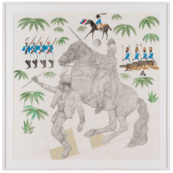 Frohawk Two Feathers (Umar Rashid) b. 1976, United States The Billie Jean Project. Conquest. The 1st general of the Leisure Society armed brigade preparing to siege Spanish holdings in Florida, 2018 Acrylic and ink on Arches paper 48 × 48 inches