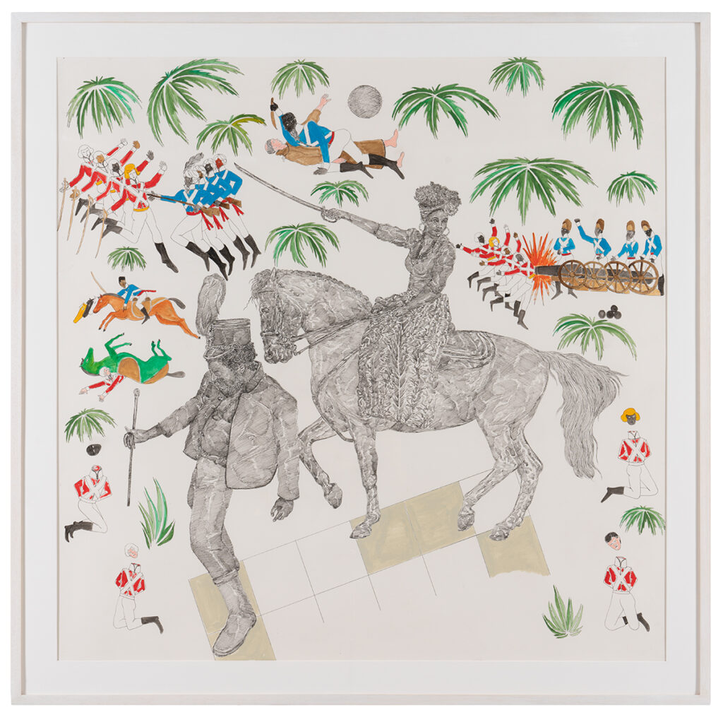 Frohawk Two Feathers (Umar Rashid) b. 1976, United States The Billie Jean Project. War. The 2nd General of the Leisure Society armed brigade actually crushing an unprepared Spanish garrison attempting to surrender, 2018 Acrylic and ink on Arches paper 48 × 48 inches