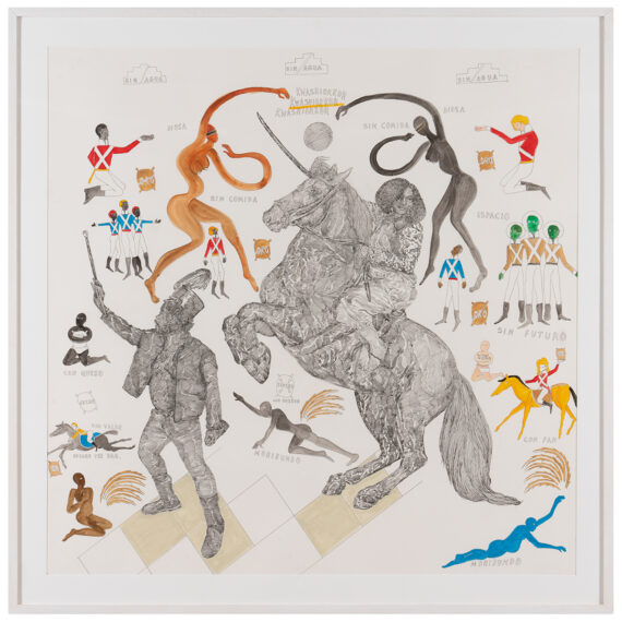 Frohawk Two Feathers (Umar Rashid) b. 1976, United States The Billie Jean Project. Famine. The 3rd general of the Leisure Society armed brigade tasked with punishing looters pilfering bags of wheat and starving out remaining Spanish forces and their allies, 2018 Acrylic and ink on Arches paper 48 × 48 inches