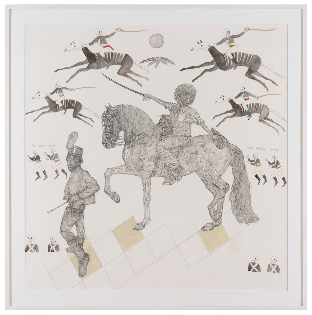 Frohawk Two Feathers (Umar Rashid) b. 1976, United States The Billie Jean Project. Death. The 4th general of the Leisure Society armed brigade surveying the destruction and defeat of the Spanish forces in Southern Florida, 2018 Acrylic and ink on Arches paper 48 × 48 inches