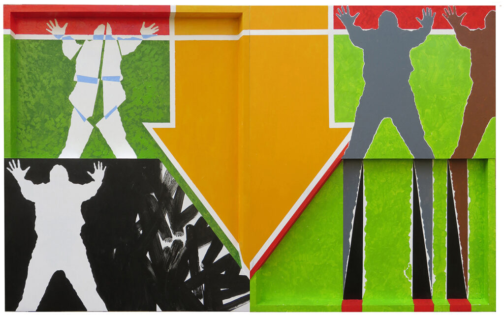 Felipe Ehrenberg b. 1943, d. 2017, Mexico Contra el muro, 1968 Acrylic on hardboard, diptych 39 3⁄8 × 63 inches