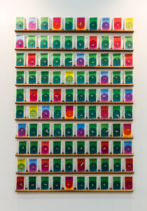 Gonzalo Lebrija b. 1972, Mexico Libros baleados, 2015 100 shot books on shelves 71⁄4 × 5 inches (each)