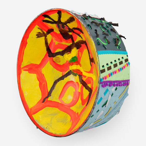 Alvaro Barrington (b. 1983, Venezuela) We Be Jammin, B, 2023 Oil, acrylic, vinyl paint, Bottega Veneta leather, and various fabrics on steelpan