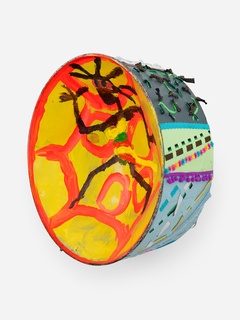 Alvaro Barrington (b. 1983, Venezuela) We Be Jammin, B, 2023 Oil, acrylic, vinyl paint, Bottega Veneta leather, and various fabrics on steelpan