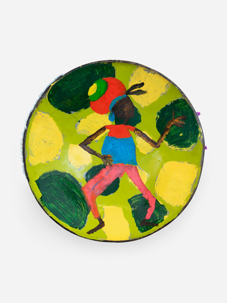 Alvaro Barrington (b. 1983, Venezuela) We Be Jammin, F, 2023 Oil, acrylic, vinyl paint, Bottega Veneta leather, and various fabrics on steelpan