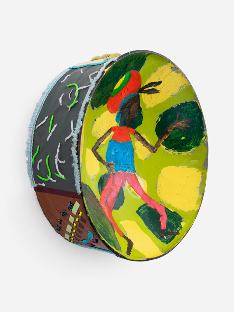 Alvaro Barrington (b. 1983, Venezuela) We Be Jammin, F, 2023 Oil, acrylic, vinyl paint, Bottega Veneta leather, and various fabrics on steelpan