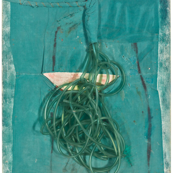 Sandra Ceballos (b. 1961, Cuba) From the series Expresión Sicógena, 1993 Surgical sheets and tubing and acrylic on canvas