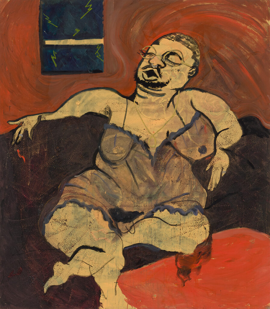 Jonathan Lyndon Chase (b. 1989, United States) Portrait of Artist Sitting in Their Living Room, 2024 Marker, pen, acrylic, spray paint, paint, and oil stick on muslin