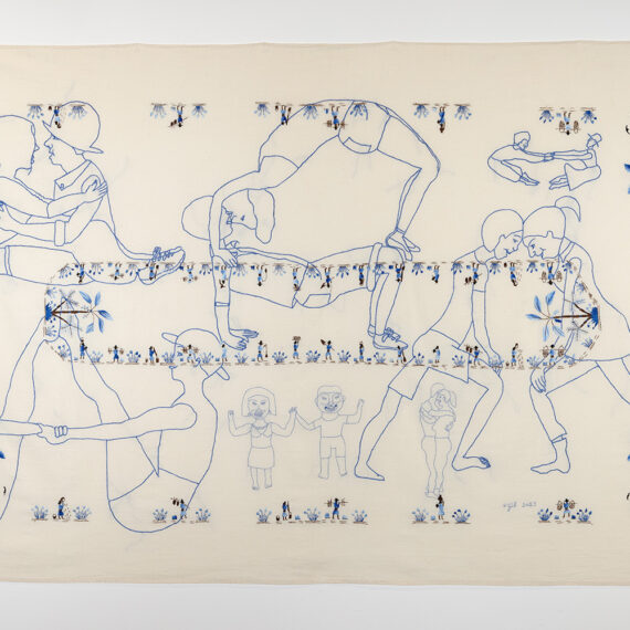 Victoria Gil (b. 1963, Spain) Los locales trabajan, 2023 Embroidery on tablecloth