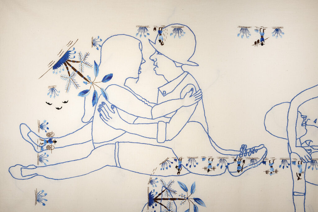 Victoria Gil (b. 1963, Spain) Los locales trabajan, 2023 Embroidery on tablecloth