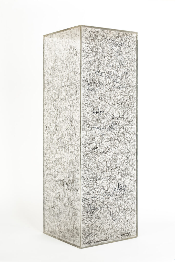 León Ferrari b. 1920, d. 2013, Argentina Prism, 1999 Ink on Plexiglas 23 5⁄8 × 7 7⁄8 × 7 7⁄8 inches