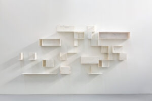 Fernanda Fragateiro b. 1962, Portugal Utopia or Oblivion (after Johannes Peter Hölzinger “Proposition pour une nouvelle ordre urbain” in Architecture d’Aujourd’hui, #146, “Villes Nouvelles,” 1969), 2015 Marble and metal 69 × 157 × 8 inches