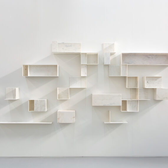 Fernanda Fragateiro b. 1962, Portugal Utopia or Oblivion (after Johannes Peter Hölzinger “Proposition pour une nouvelle ordre urbain” in Architecture d’Aujourd’hui, #146, “Villes Nouvelles,” 1969), 2015 Marble and metal 69 × 157 × 8 inches
