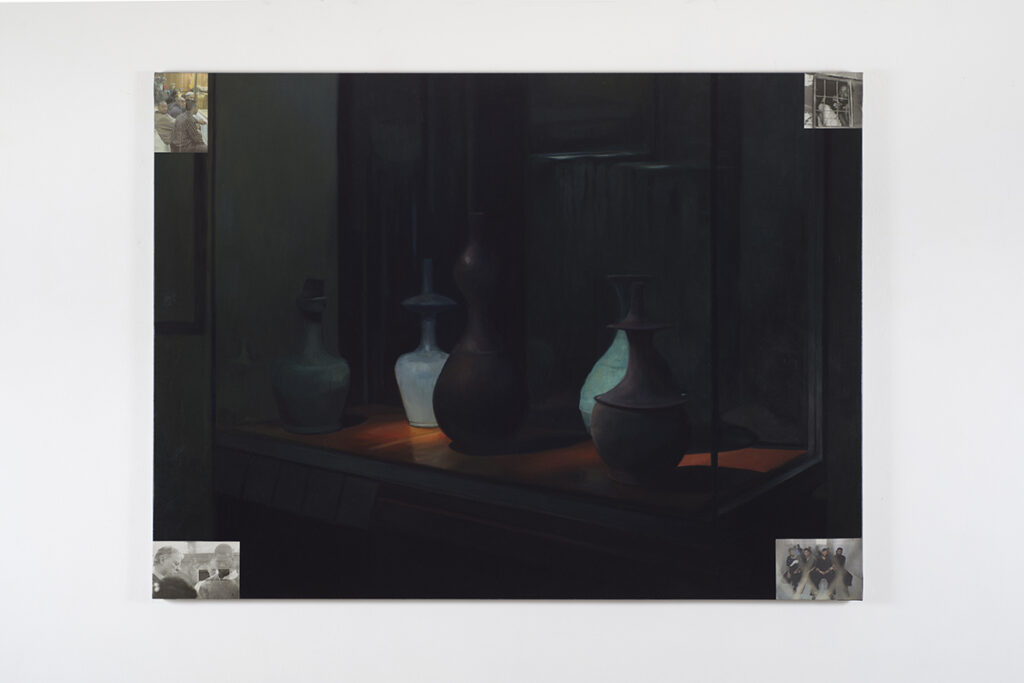 Sandra Gamarra b. 1972, Peru Criptomnesia (o en algunos museos ya no sale el sol), 2015 Oil and newspaper cuttings on canvas 50 × 67 inches