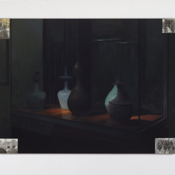 Sandra Gamarra b. 1972, Peru Criptomnesia (o en algunos museos ya no sale el sol), 2015 Oil and newspaper cuttings on canvas 50 × 67 inches