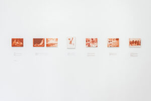 Sandra Gamarra b. 1972, Peru Línea cronológica, 2018 Oil on canvas mounted on wood, in 7 parts 6 1⁄4 × 8 5⁄8 inches (each)