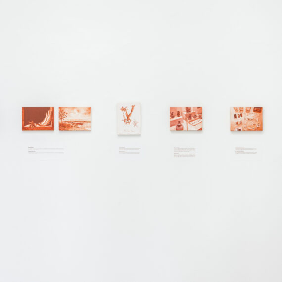 Sandra Gamarra b. 1972, Peru Línea cronológica, 2018 Oil on canvas mounted on wood, in 7 parts 6 1⁄4 × 8 5⁄8 inches (each)