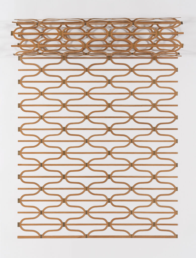 Mangle (María Paula Alvarez and Diego Fernández Álvarez) b. 1984, b. 1978, Colombia Reja comercial curva 1, 2014 Okume wood and gold leaf 461⁄2 × 641⁄2 inches