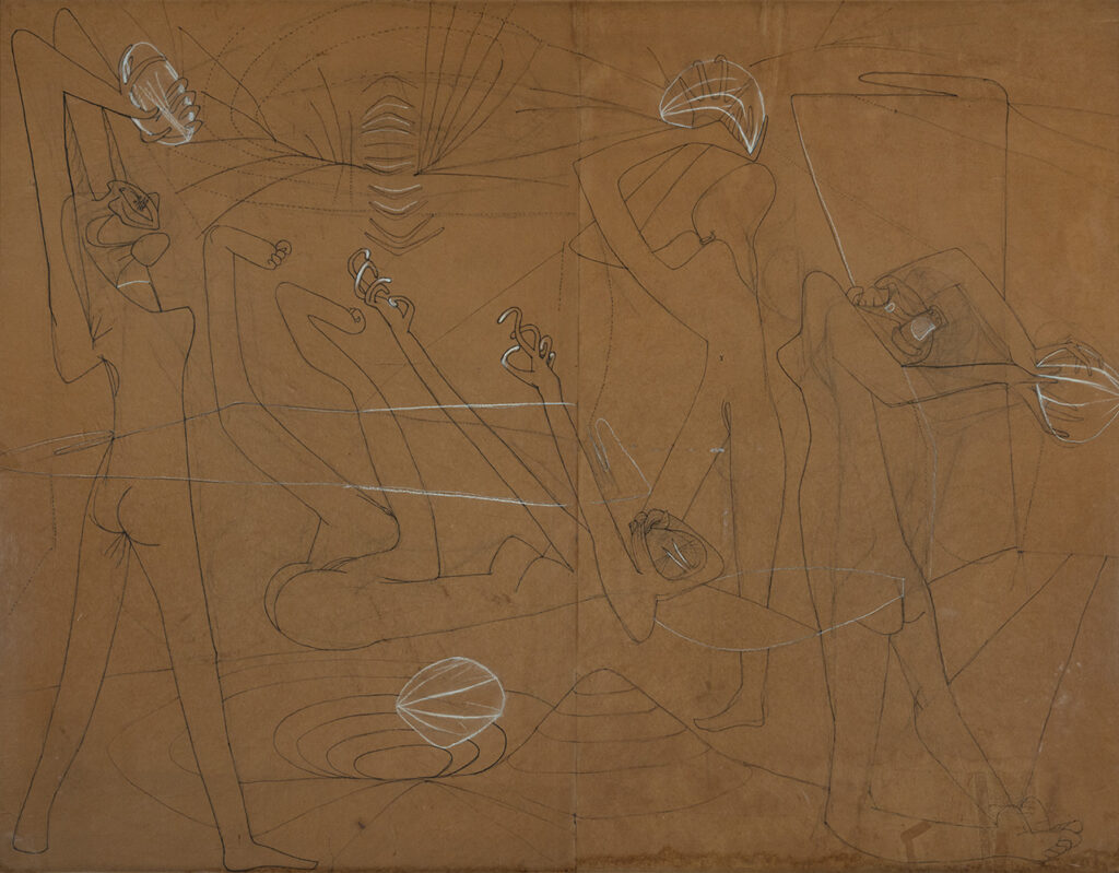 Roberto Matta (b. 1911, Chile; d. 2002, Italy) Study for Splitting of the Ergo, 1945 Pencil and pastel on paper laid on canvas