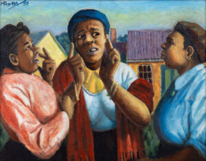 George Pemba (b. 1912, South Africa; d. 2001, South Africa) Gossipers, n.d. Oil on board