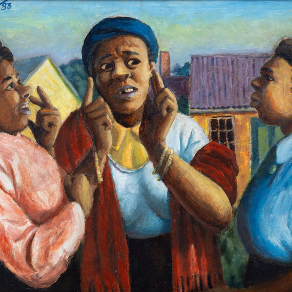 George Pemba (b. 1912, South Africa; d. 2001, South Africa) Gossipers, n.d. Oil on board