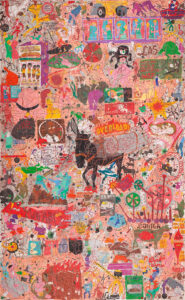 Camilo Restrepo b. 1973, Colombia Rip Currents #2 (Burro), 2014–15 Ink, water-soluble wax pastel, tape, stickers, newspaper clippings, glue, and saliva on paper 93 3⁄4 × 58 inches