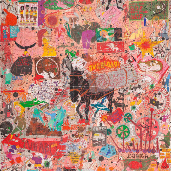 Camilo Restrepo b. 1973, Colombia Rip Currents #2 (Burro), 2014–15 Ink, water-soluble wax pastel, tape, stickers, newspaper clippings, glue, and saliva on paper 93 3⁄4 × 58 inches