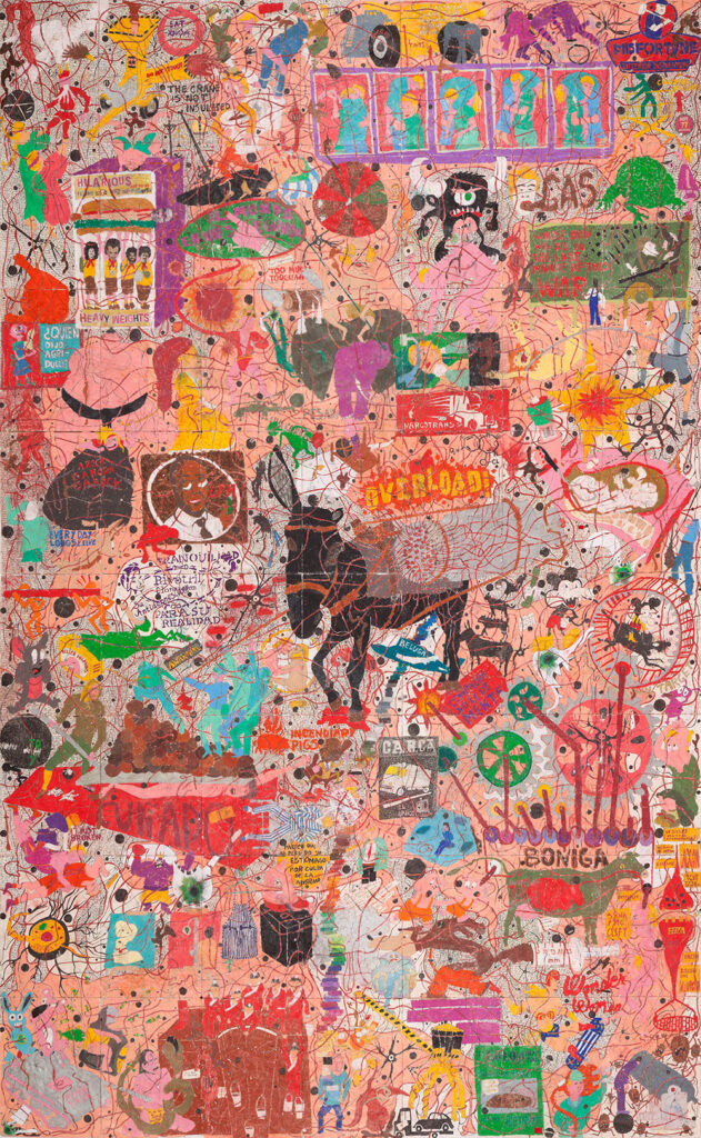 Camilo Restrepo b. 1973, Colombia Rip Currents #2 (Burro), 2014–15 Ink, water-soluble wax pastel, tape, stickers, newspaper clippings, glue, and saliva on paper 93 3⁄4 × 58 inches