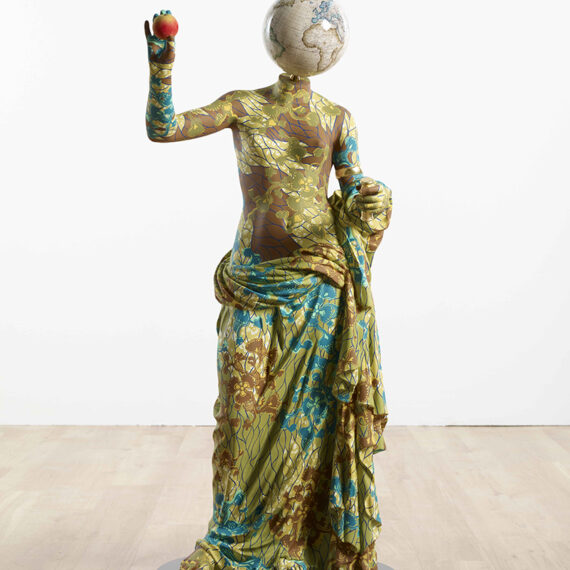 Yinka Shonibare b. 1962, England Venus de Arles, 2018 Unique fiberglass sculpture hand-painted with Dutch wax pattern, bespoke hand-colored globe, and steel baseplate 54 1⁄4 × 24 × 24 inches