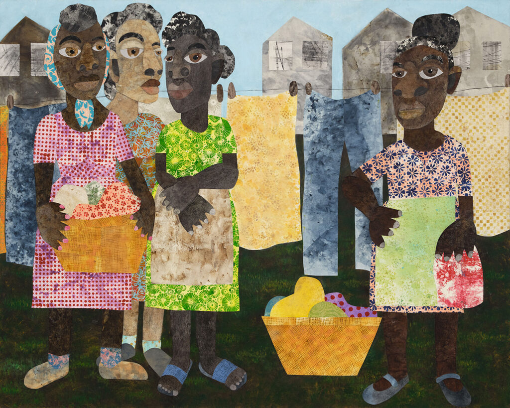 Evita Tezeno (b. 1960, United States) Clothesline Chit Chat, 2022 Mixed media collage and acrylic on canvas