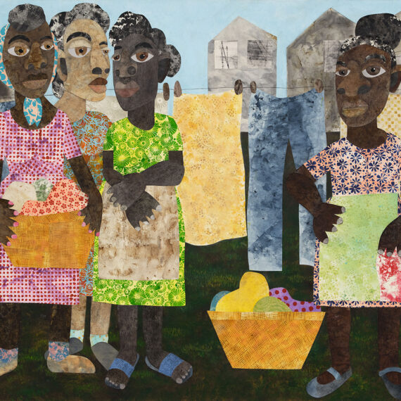 Evita Tezeno (b. 1960, United States) Clothesline Chit Chat, 2022 Mixed media collage and acrylic on canvas