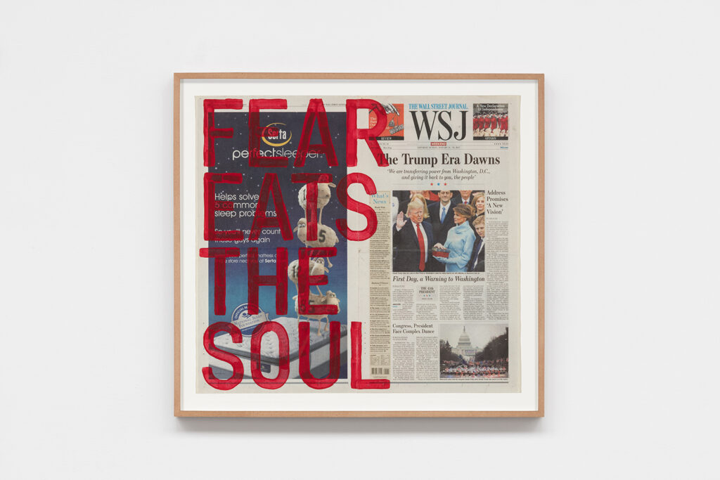 Rirkrit Tiravanija b. 1961, Argentina Untitled (Fear eats the soul / Saturday, January 21, 2017), 2017 Enamel on newspaper 22 × 23 inches
