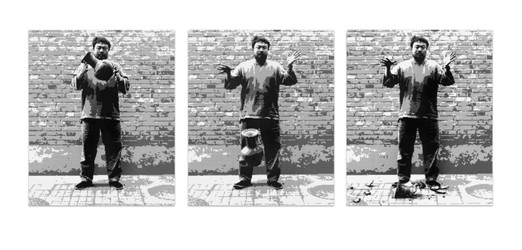 Ai Weiwei b. 1957, China Dropping a Han Dynasty Urn (LEGO), 2015 LEGO bricks, triptych 90 1⁄2 × 75 5⁄8 inches (each)