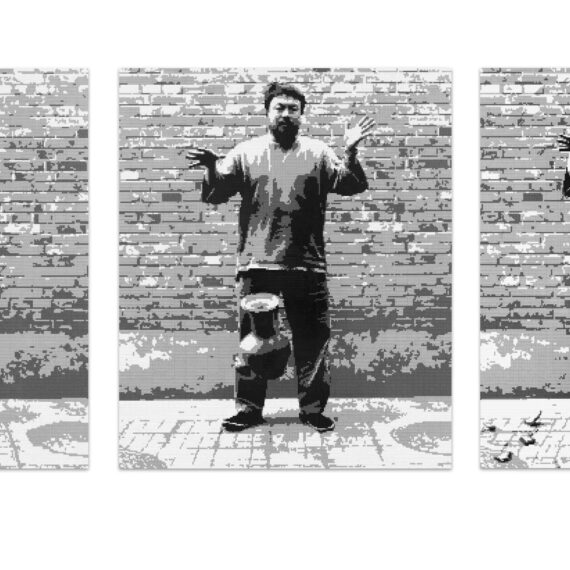 Ai Weiwei b. 1957, China Dropping a Han Dynasty Urn (LEGO), 2015 LEGO bricks, triptych 90 1⁄2 × 75 5⁄8 inches (each)