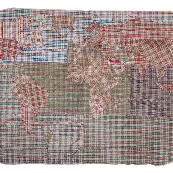 Dan Halter (b. 1977, Zimbabwe) Rifugiato Mappa del Mondo, 2016 Stitched together new and used plastic-weave shopping bags
