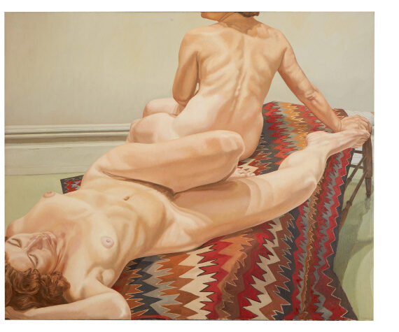 Philip Pearlstein (b. 1924, United States; d. 2022, United States) Two Female Models on a Navajo Rug, 1971 Oil on canvas