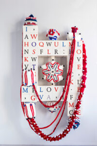 Joana Vasconcelos (b. 1971, Portugal) Love in a Box, 2015 Painted tiles, wool, acrylic beads, polyester, plywood, and iron