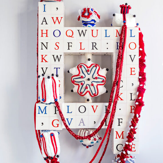 Joana Vasconcelos (b. 1971, Portugal) Love in a Box, 2015 Painted tiles, wool, acrylic beads, polyester, plywood, and iron