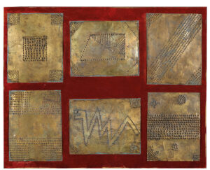 Mathias Goeritz (b. 1915, Poland; d. 1990, Mexico) Mensaje num. 5 Timoteo 6:6, 1959 Perforated tin on velvet on panel